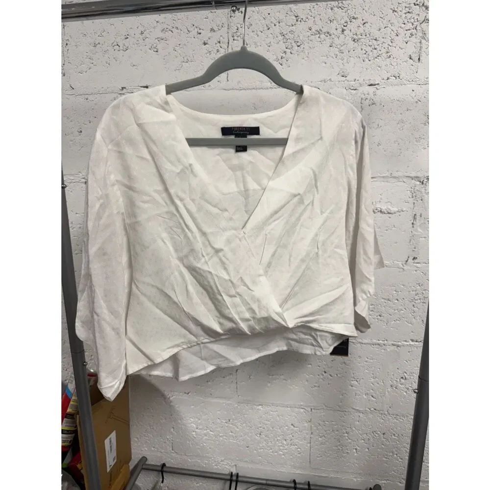 White Cropped Blouse Shirt - V Neck - Size Small - Large Sleeved Top
